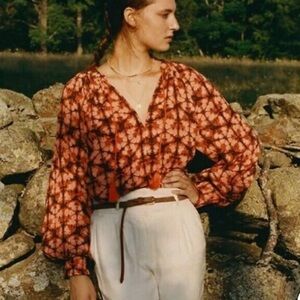 Anthropologie Porridge Clothing Elizabeth Orange Patterned Peasant Blouse XL
